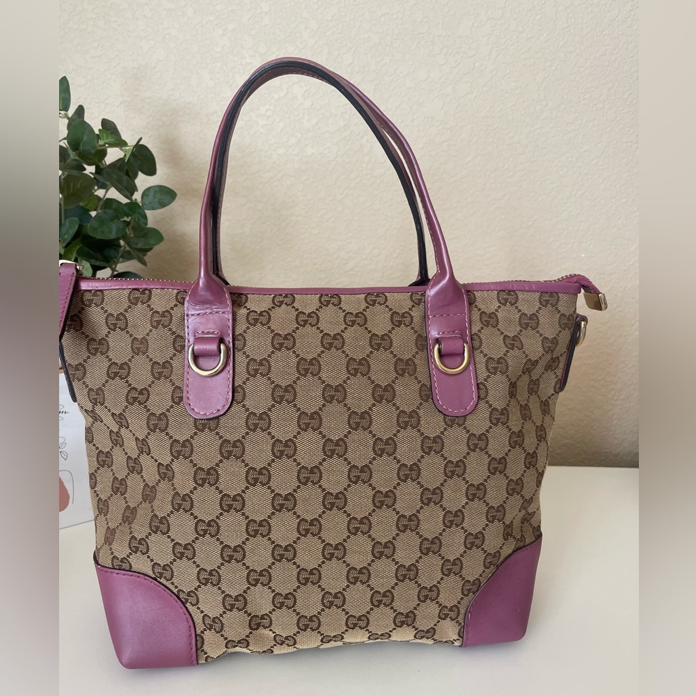 Gucci Heart Bit Charm Brown Canvas Pink Rose Leather Trim Tote - Picture 2 of 16